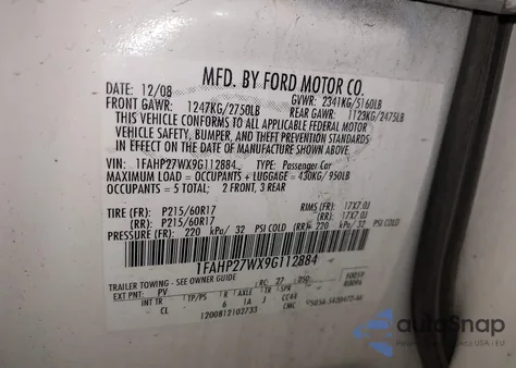 2009 Ford Taurus Sel from USA, damaged, VIN 1FAHP27WX9G112884